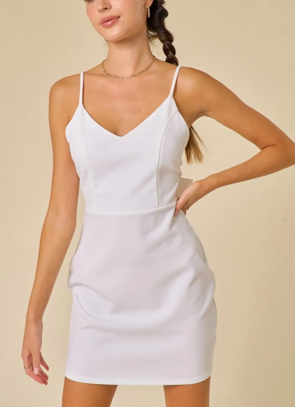 Balli open back bow tie white mini dress