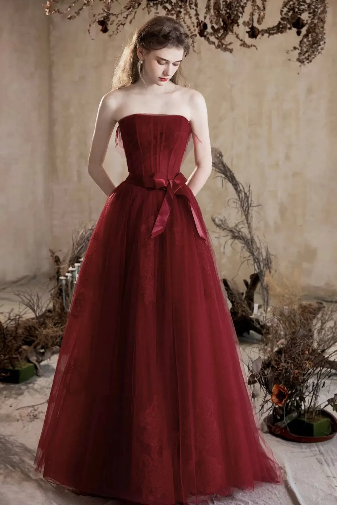 Beautiful A-Line Floor Length Prom Dress, Burgundy Tulle Lace Party Dress