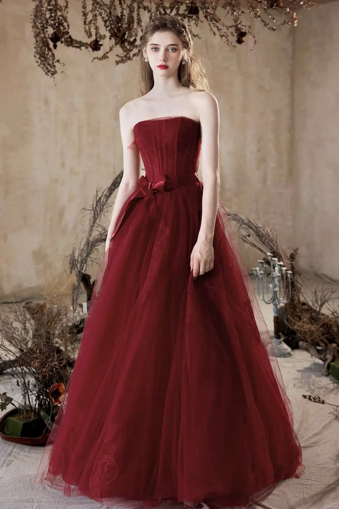 Beautiful A-Line Floor Length Prom Dress, Burgundy Tulle Lace Party Dress