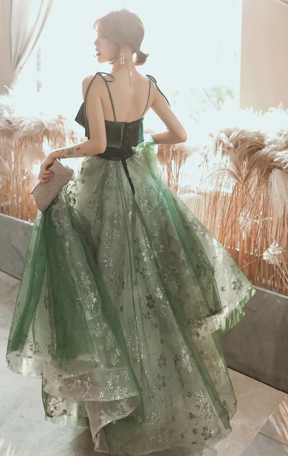 Beautiful Dark Green Straps Tulle with Velvet Party Dress, Green Evening Gown Prom Dress     fg1051