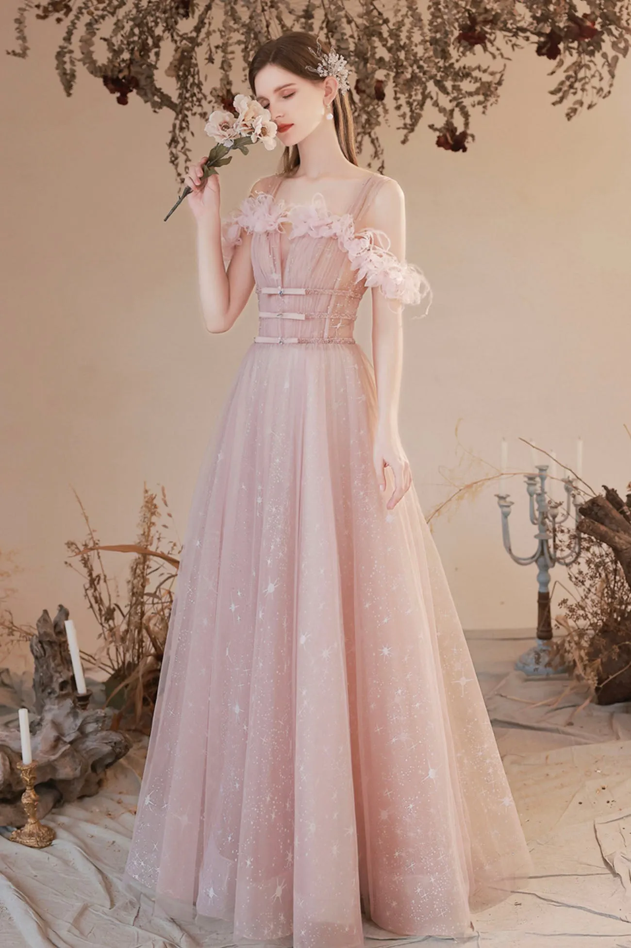 Beautiful Off the Shoulder Tulle Long Prom Dress, Pink A-Line Lace Up Graduation Dress