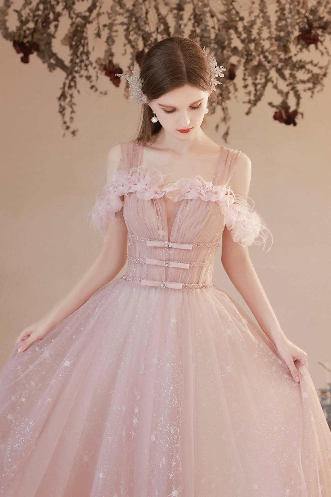 Beautiful Off the Shoulder Tulle Long Prom Dress, Pink A-Line Lace Up Graduation Dress