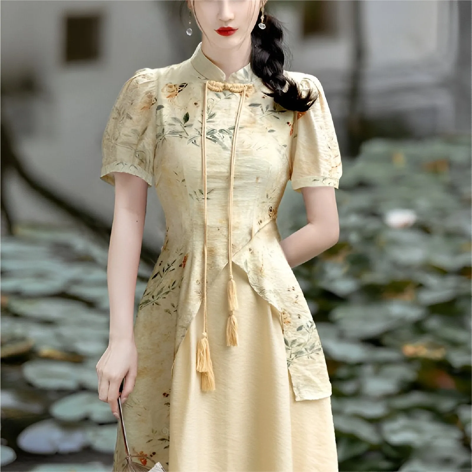 Beige One Piece Dress-Modern Cheongsam