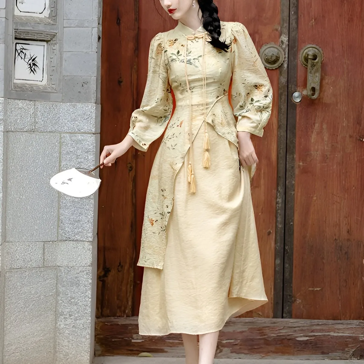 Beige One Piece Dress-Modern Cheongsam