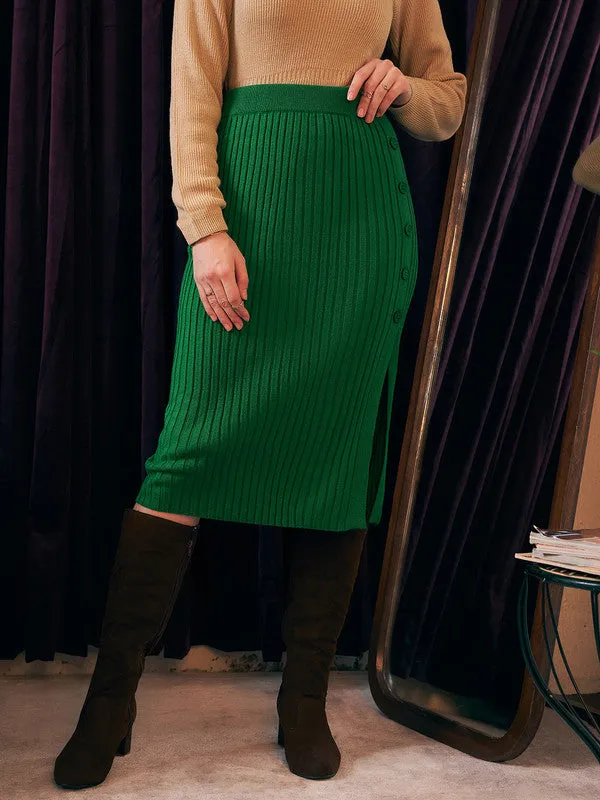 Berrylush Women Solid Green High-Rise Waist Slip-On Side-Slit Straight Hem Ribbed Pencil Midi Skirt