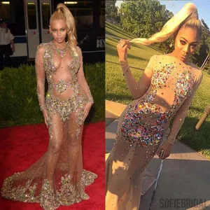 Beyonce Inspired Celebrity See Through Sexy Rhinestone Long Sleeve Prom Dresses, PD0520