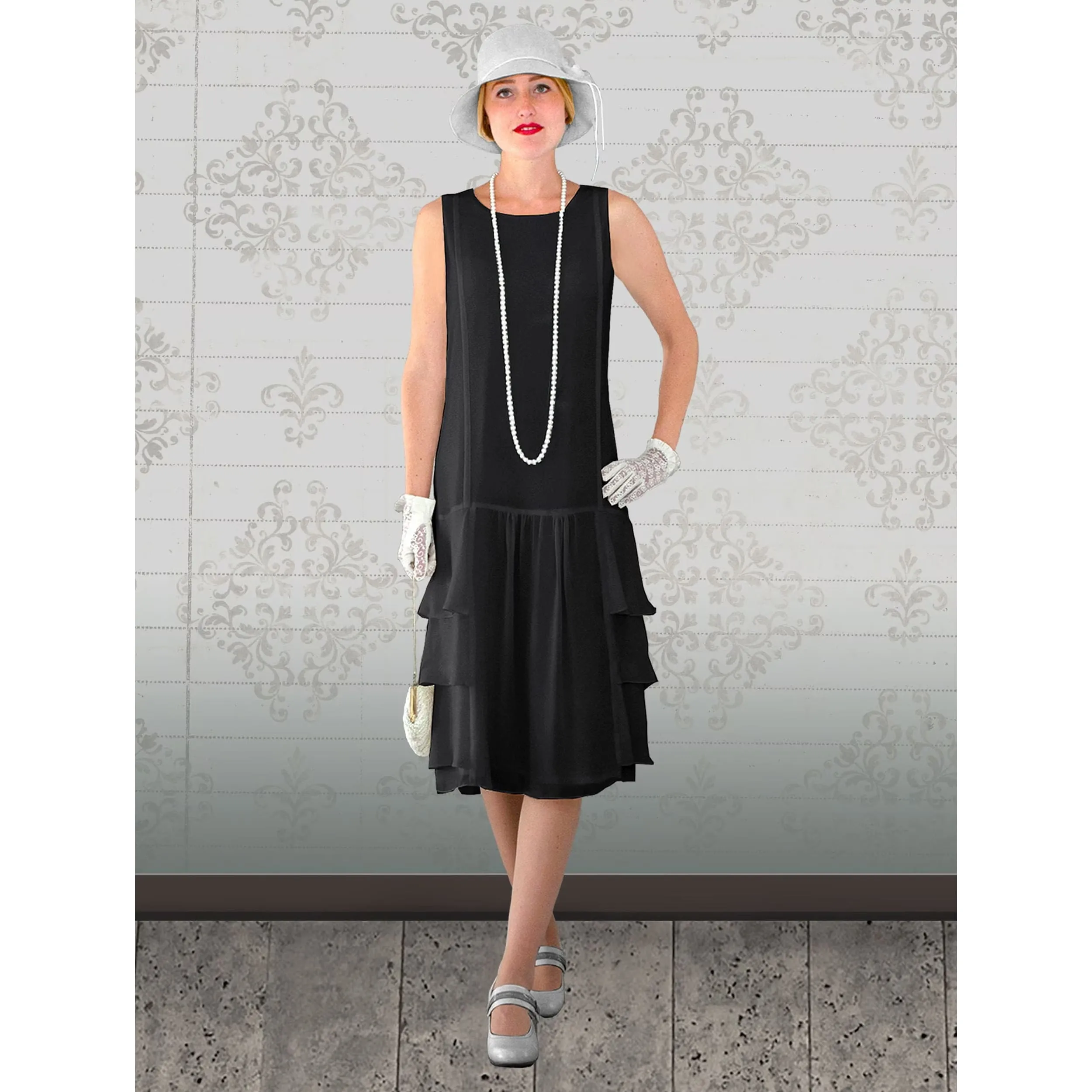 Black chiffon flapper dress with tiered skirt