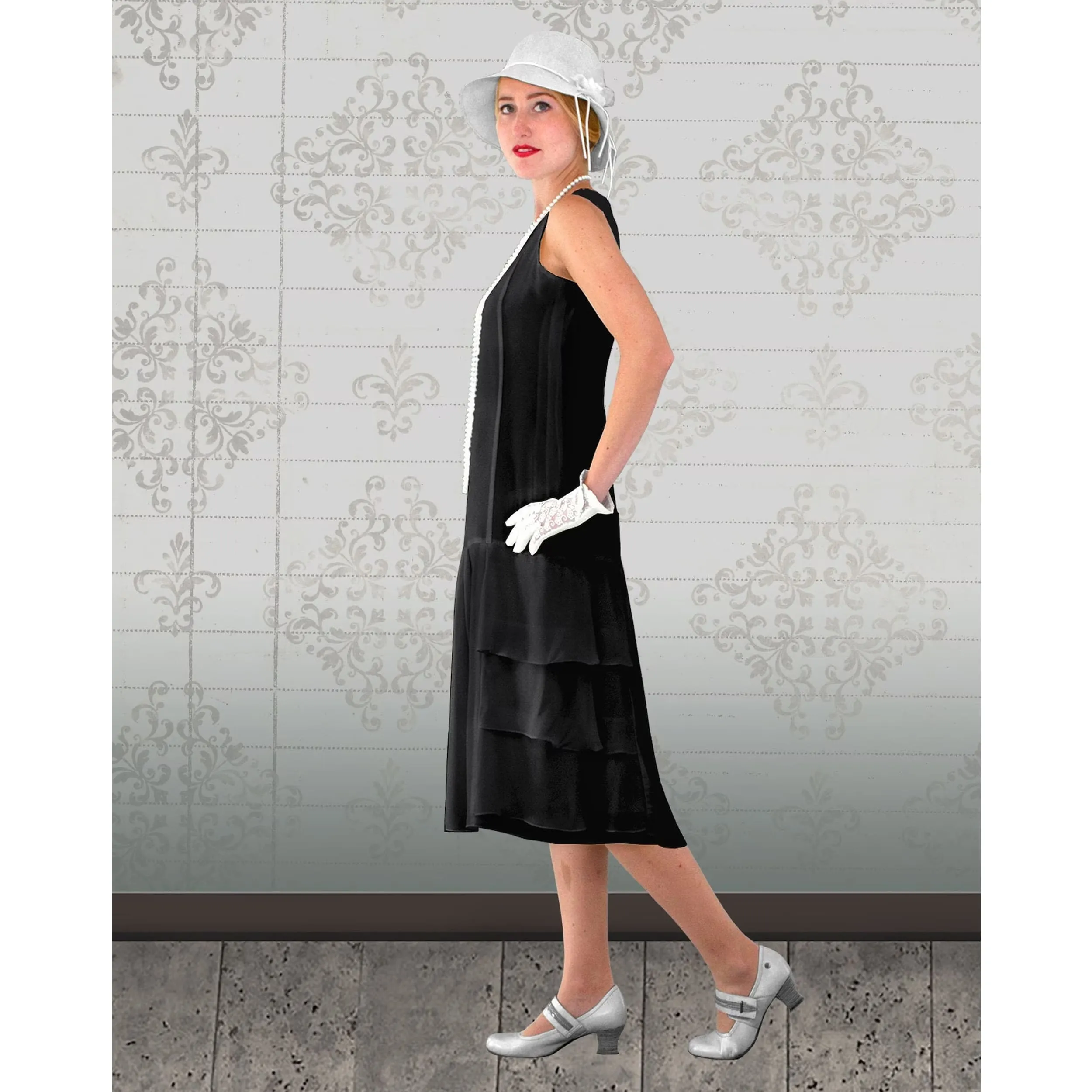 Black chiffon flapper dress with tiered skirt