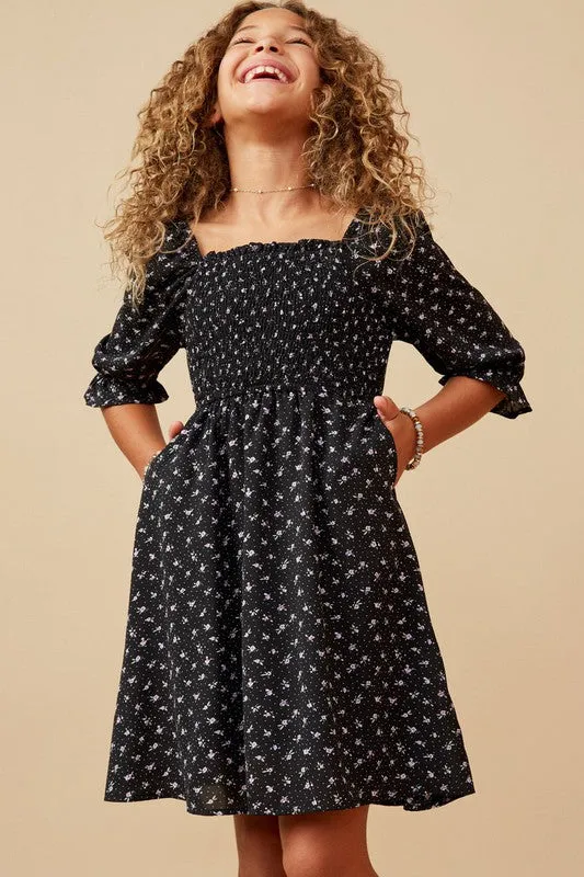 Black Ditsy Floral Smocked Square Neck Dress