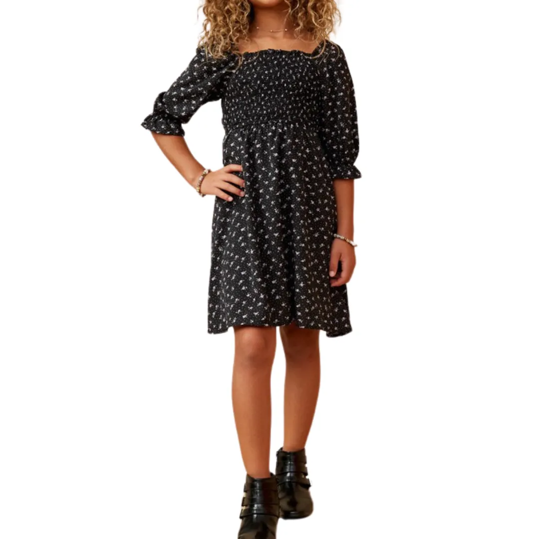 Black Ditsy Floral Smocked Square Neck Dress