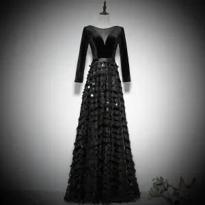 Black evening dress long sleeve birthday party dress prom dress      fg134