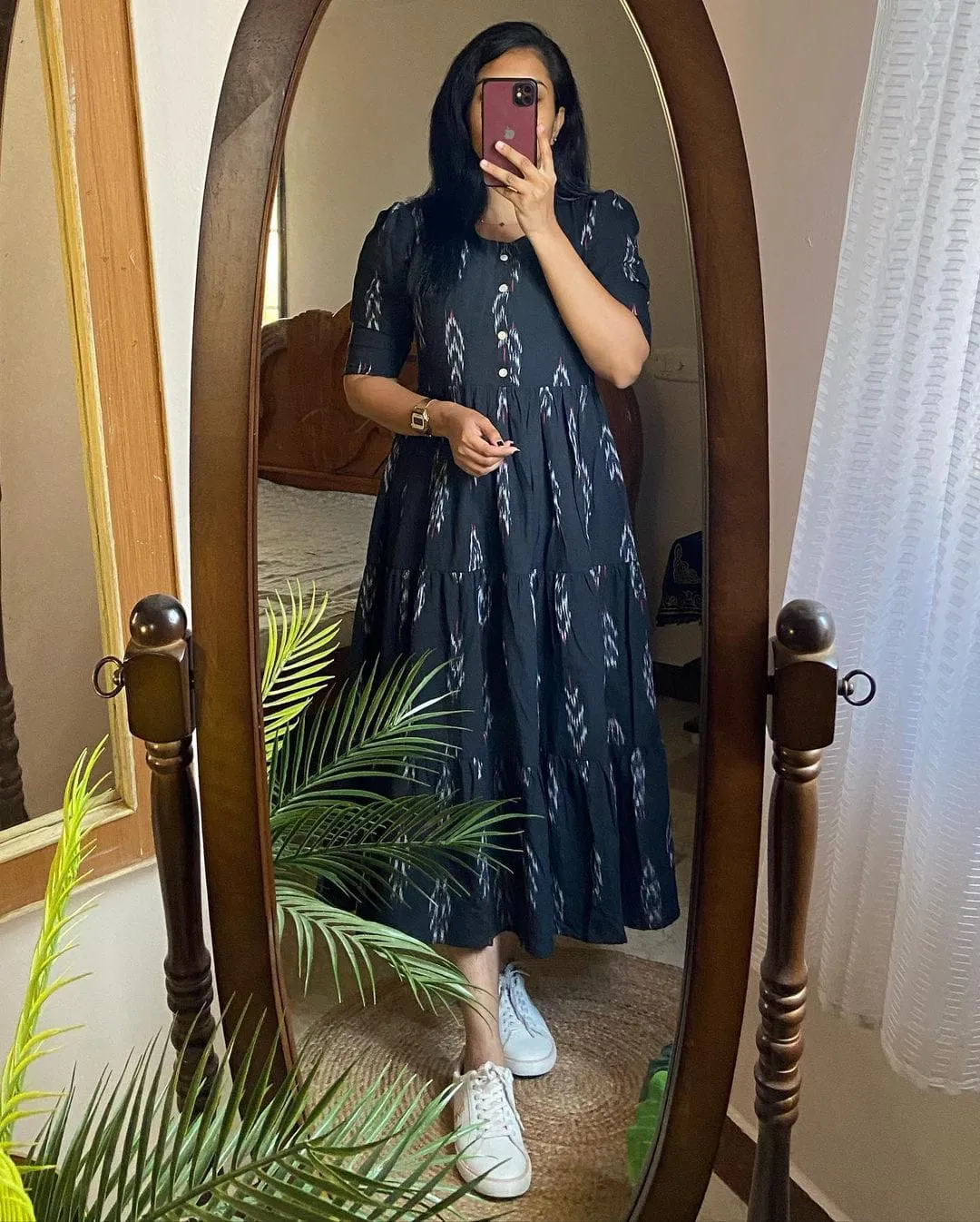 Black Ikat Print Cotton Midi Dress