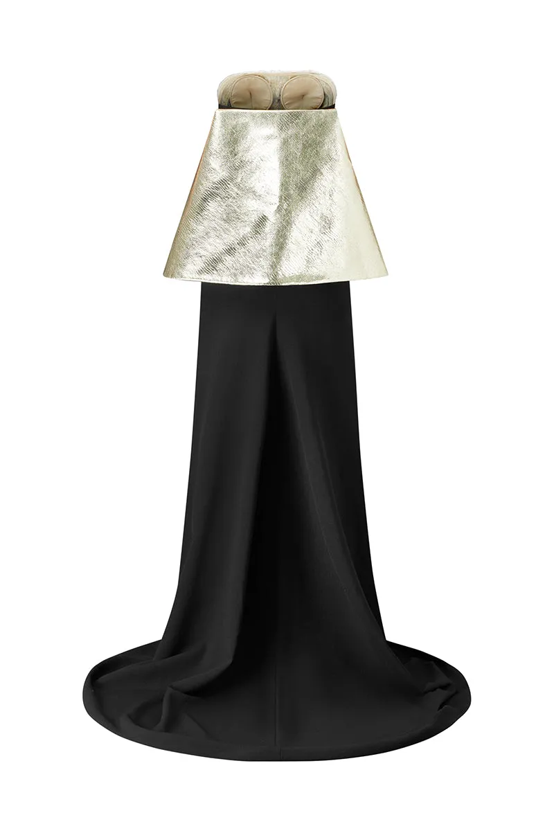 BLACK MAXI DRESS WITH CRYSTAL EMBROIDERED AND GOLD DETACHABLE CAPE