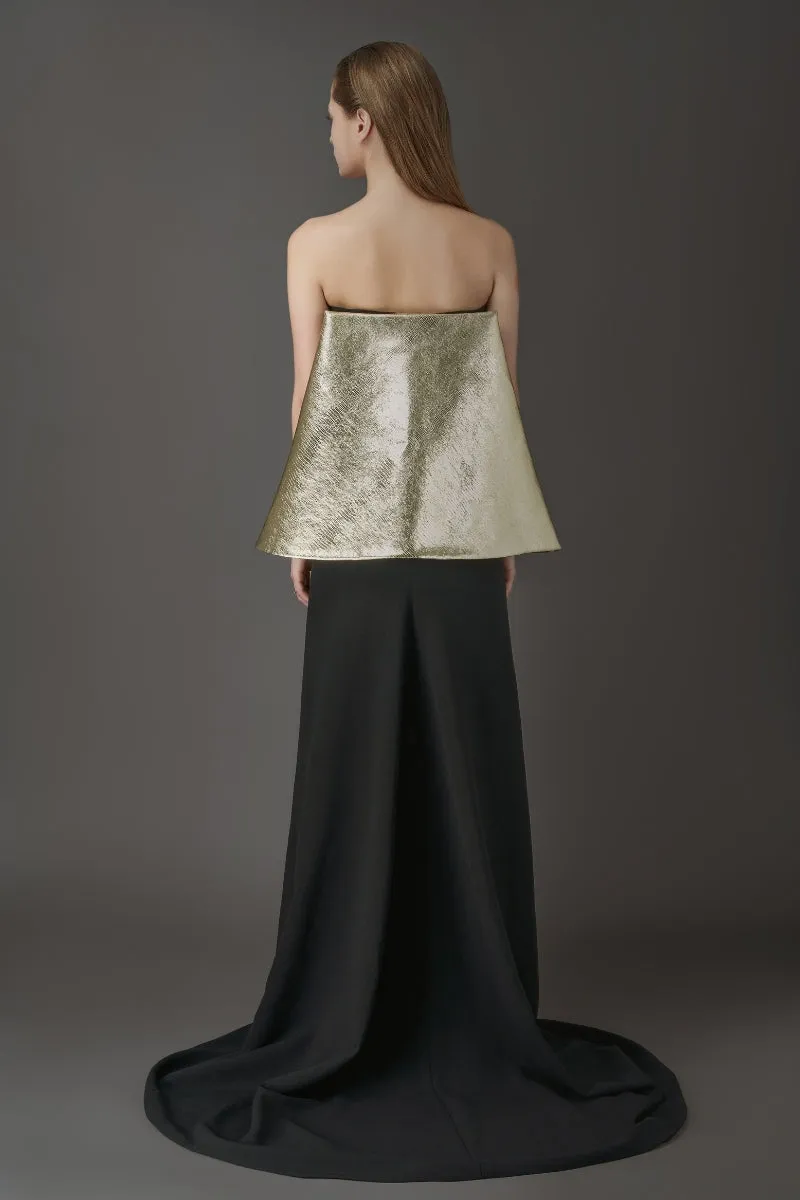 BLACK MAXI DRESS WITH CRYSTAL EMBROIDERED AND GOLD DETACHABLE CAPE