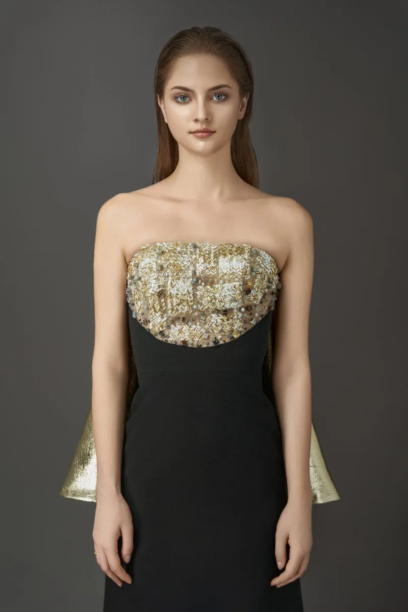 BLACK MAXI DRESS WITH CRYSTAL EMBROIDERED AND GOLD DETACHABLE CAPE