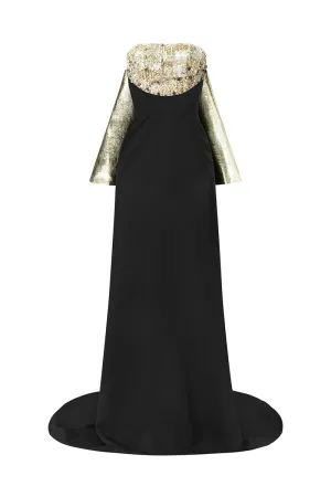 BLACK MAXI DRESS WITH CRYSTAL EMBROIDERED AND GOLD DETACHABLE CAPE