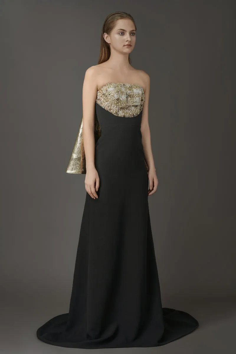 BLACK MAXI DRESS WITH CRYSTAL EMBROIDERED AND GOLD DETACHABLE CAPE