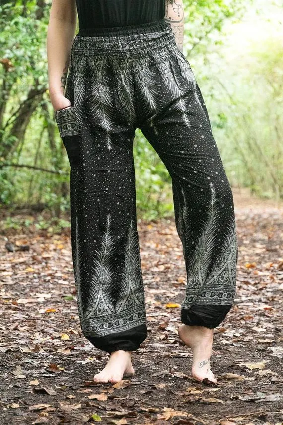 Black PEACOCK Women Harem Pants Boho Pants Hippie Pants