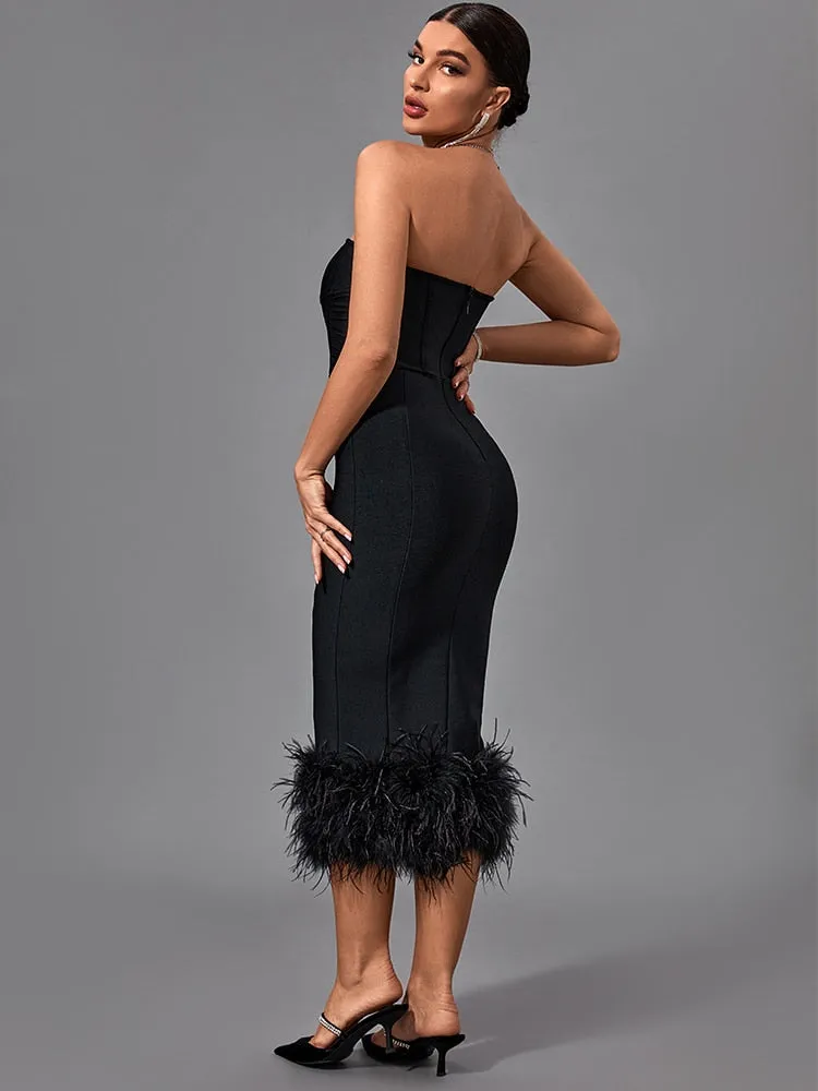 Black Strapless Feather Trim Midi Dress