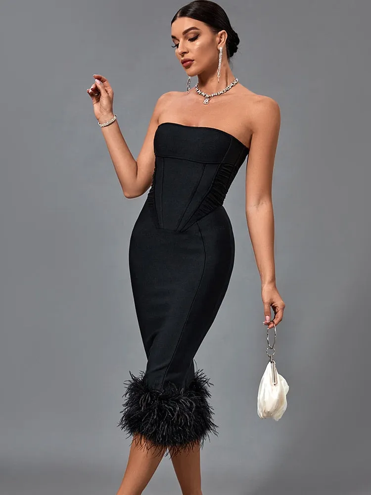 Black Strapless Feather Trim Midi Dress