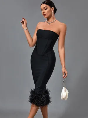 Black Strapless Feather Trim Midi Dress