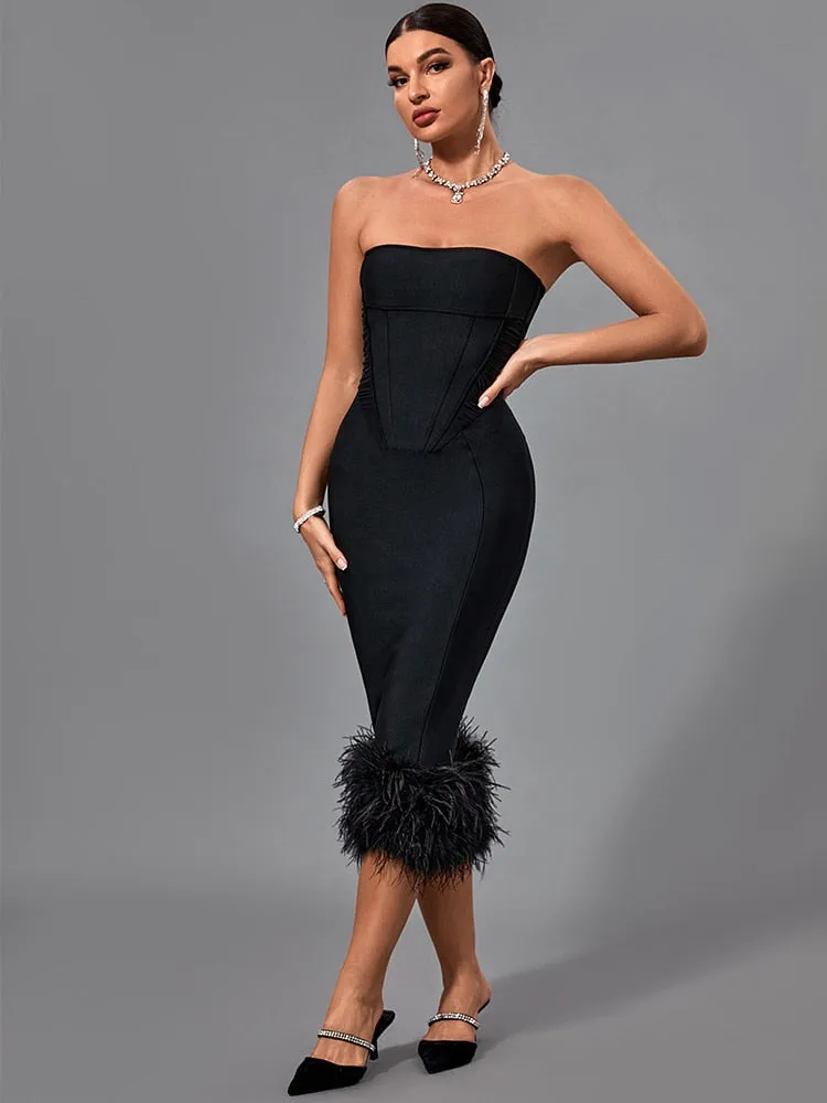 Black Strapless Feather Trim Midi Dress