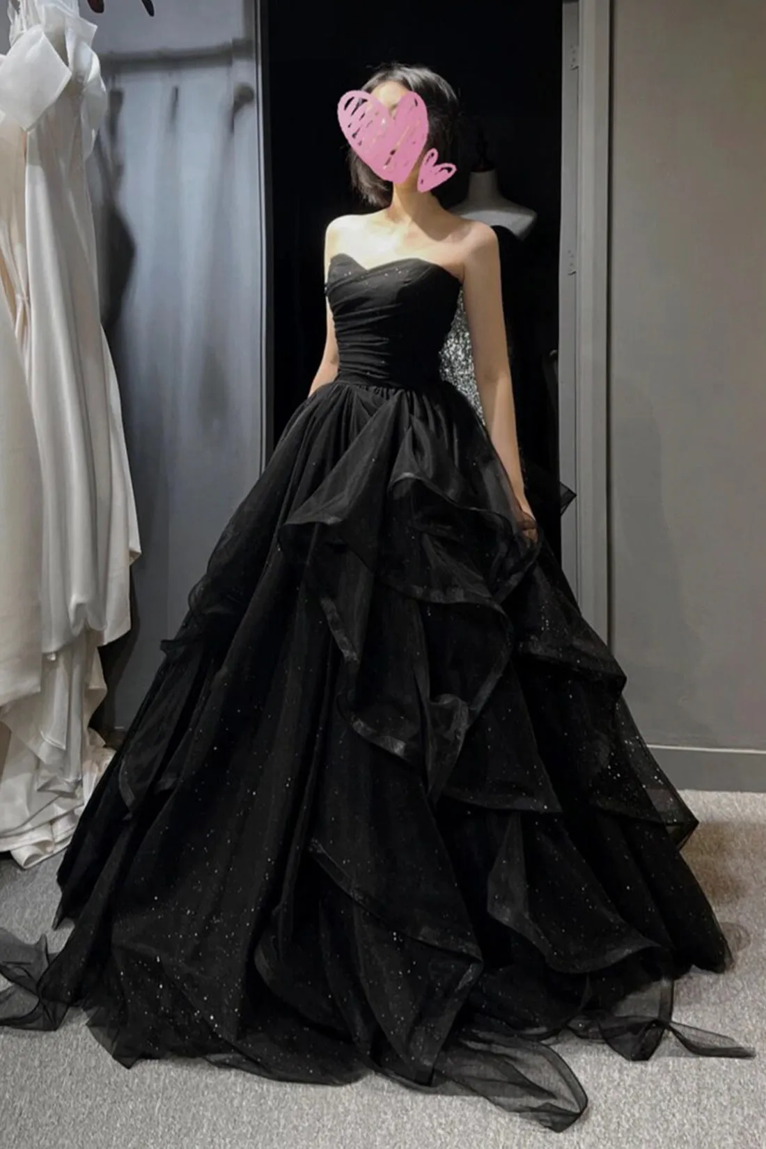 Black Sweetheart Neck Tulle Long Prom Dress, Black Evening Party Dress