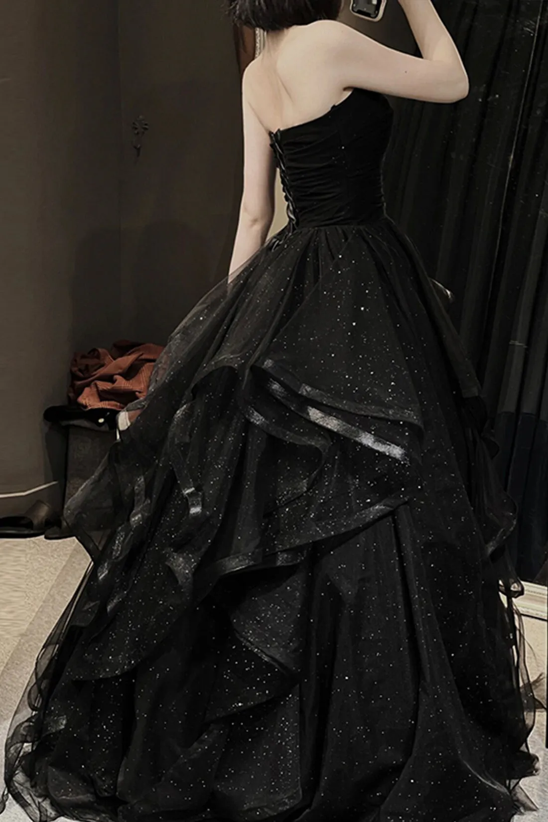 Black Sweetheart Neck Tulle Long Prom Dress, Black Evening Party Dress