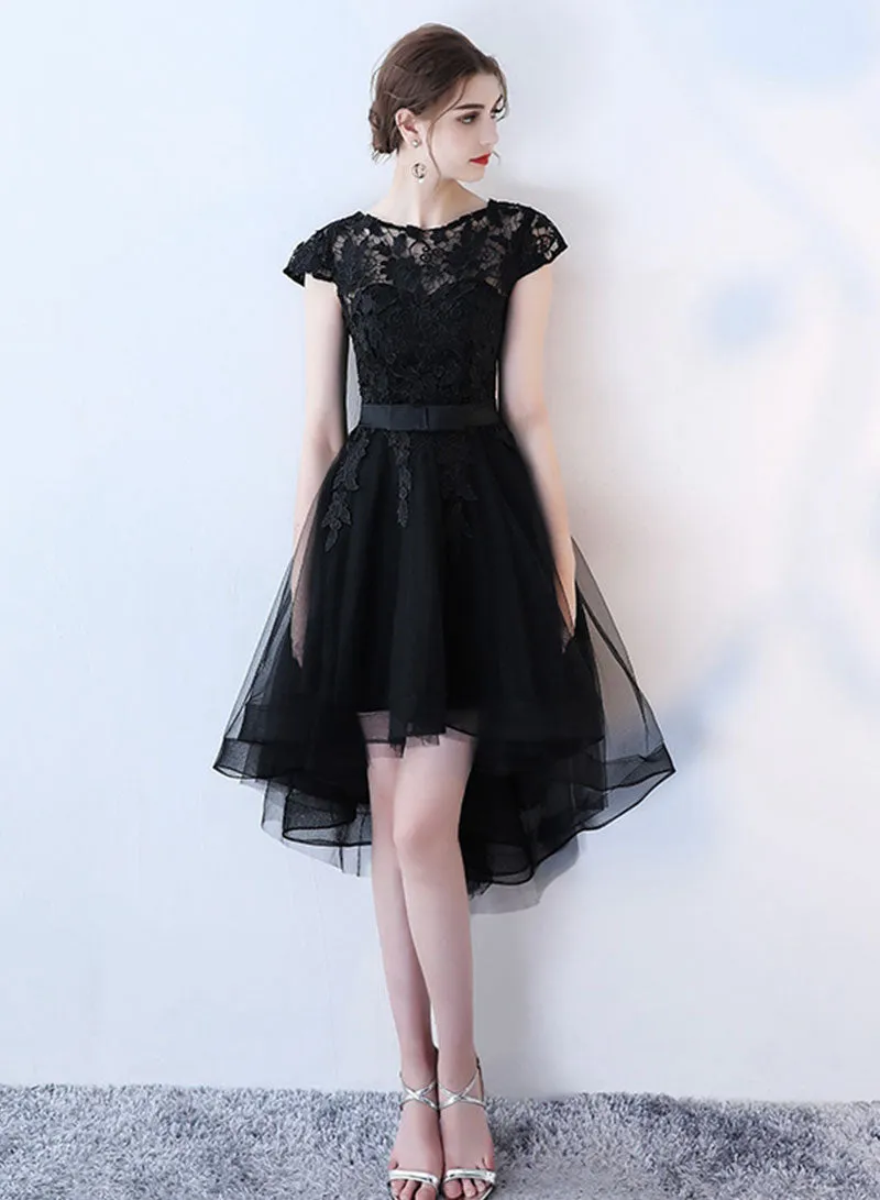 Black Tulle Lace Short Prom Dress, A-Line Black High Low Party Dress