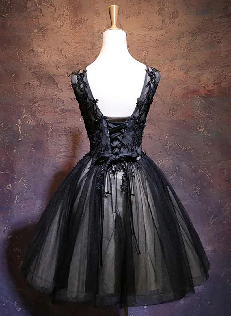 Black V-Neck Tulle Lace Short Prom Dress, Black A-Line Backless Homecoming Party Dress