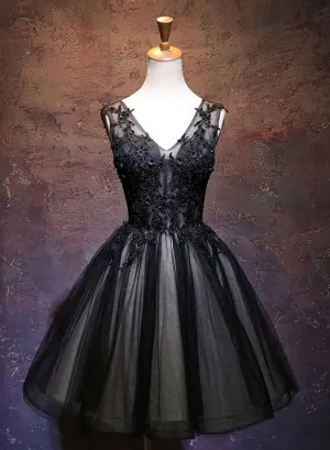 Black V-Neck Tulle Lace Short Prom Dress, Black A-Line Backless Homecoming Party Dress