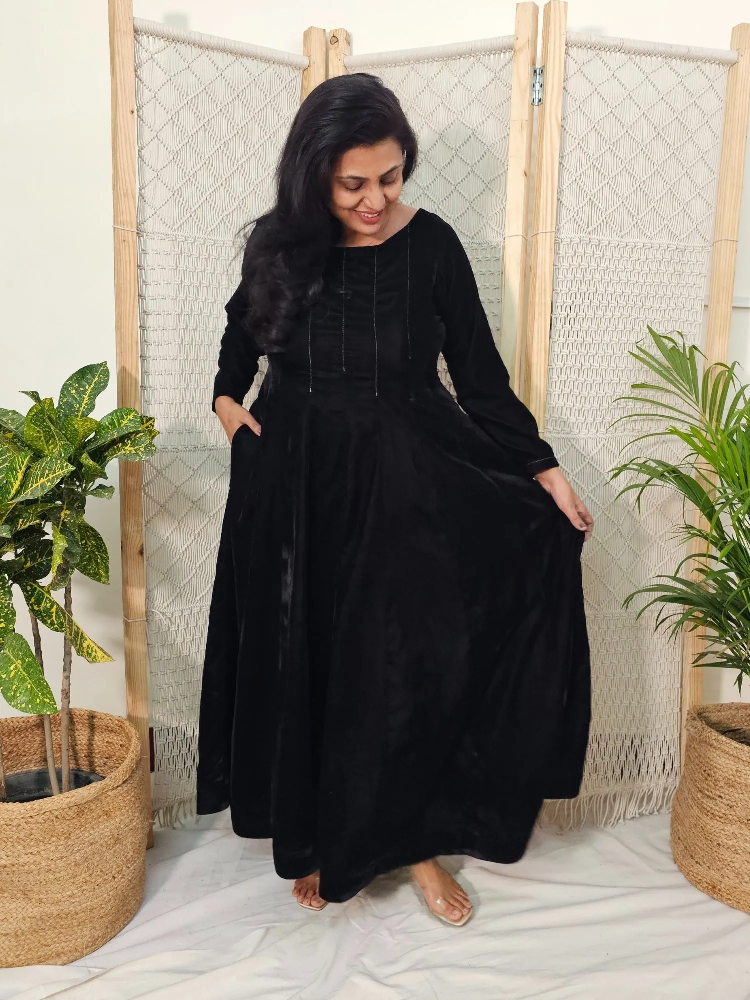 Black Velvet Long Dress with Thread Work