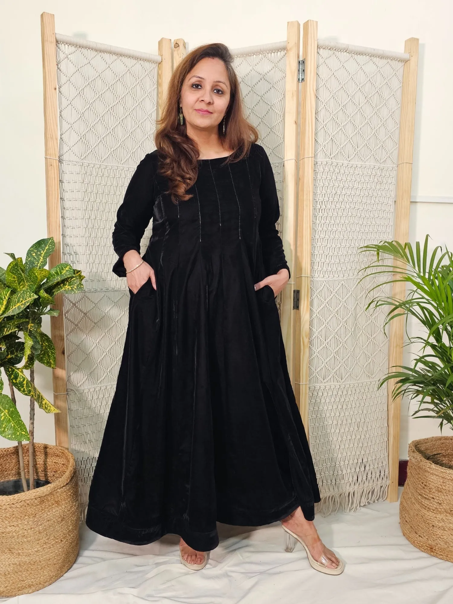 Black Velvet Long Dress with Thread Work