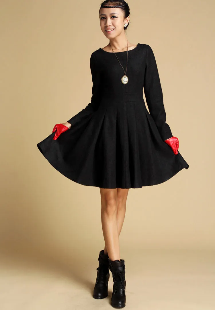 Black wool winter mini dress 0352#