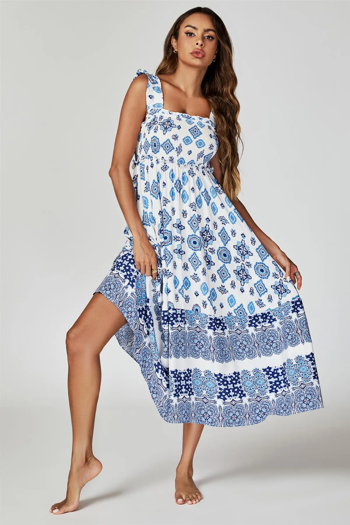 Blue Border Print Hem Detail Tiered Maxi Dress In White