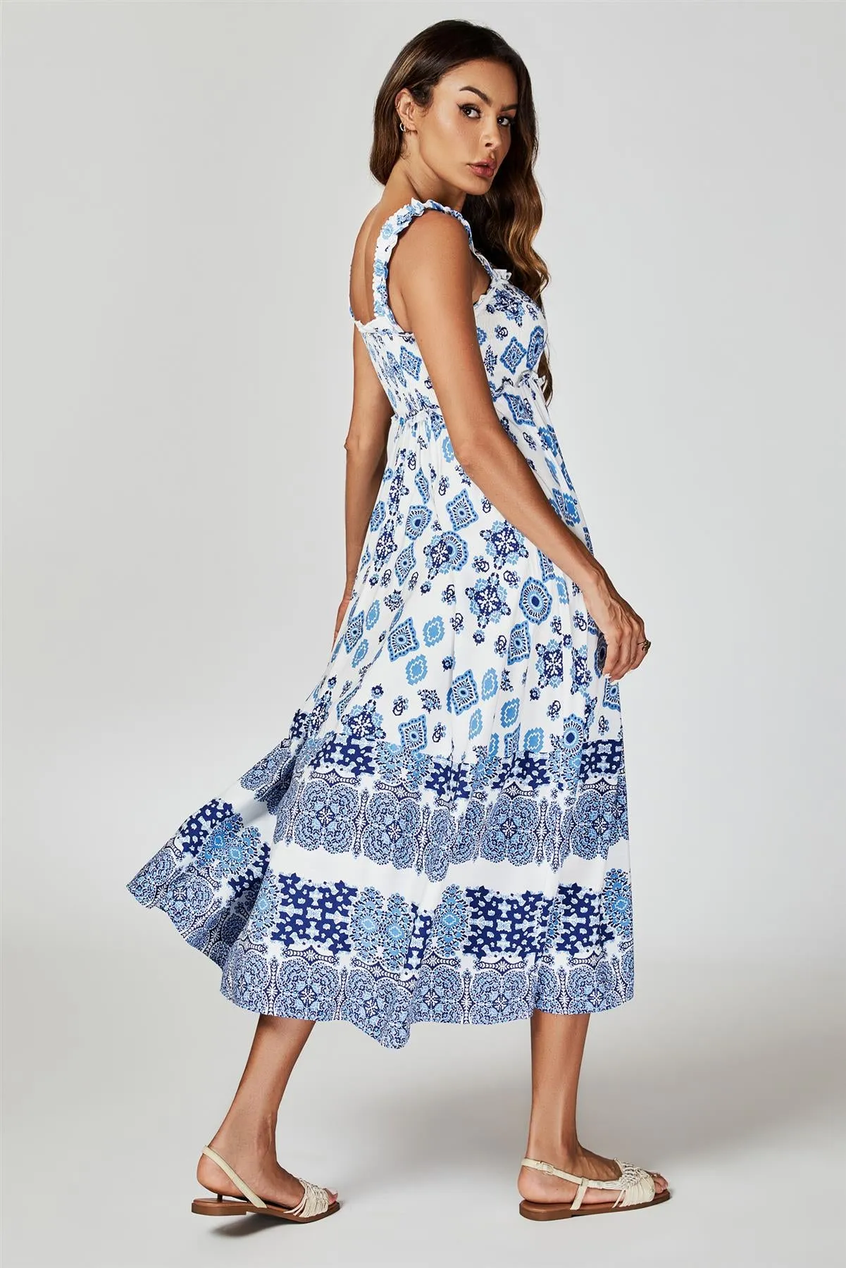 Blue Border Print Hem Detail Tiered Maxi Dress In White