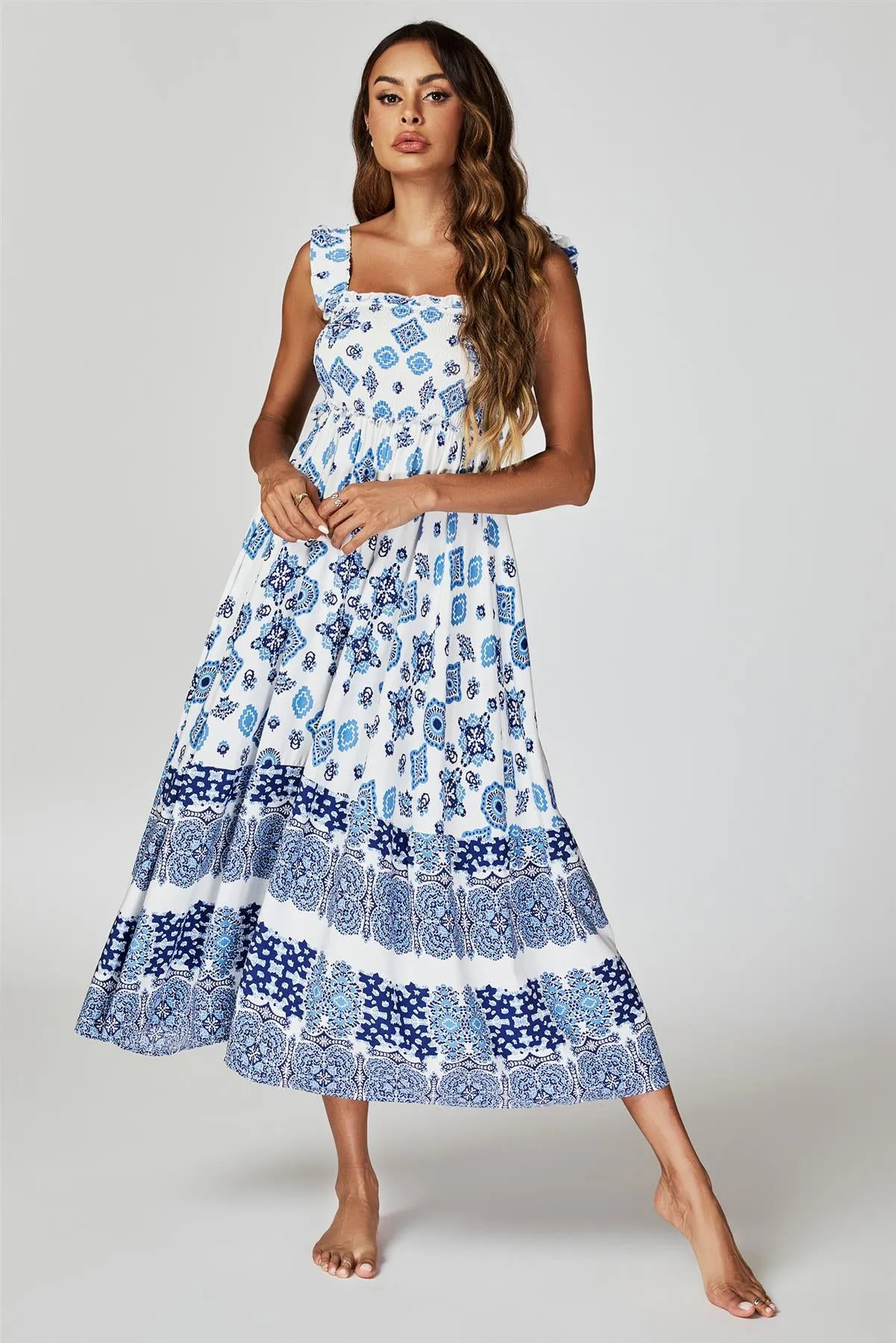 Blue Border Print Hem Detail Tiered Maxi Dress In White