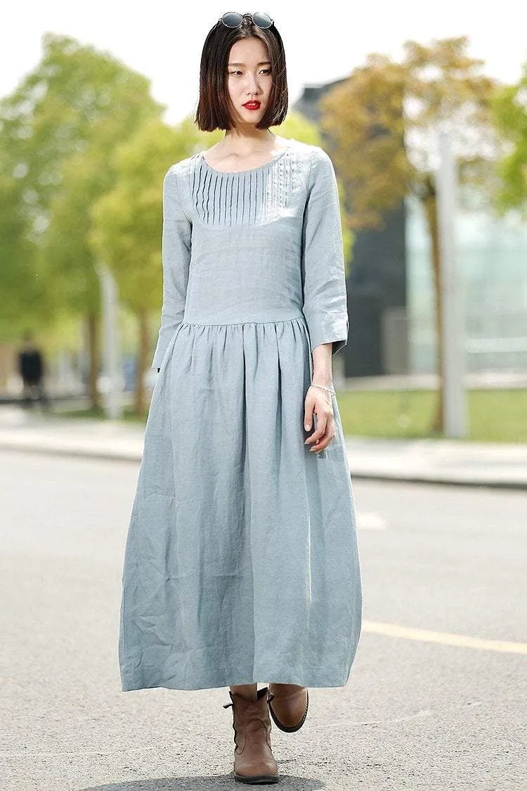 Blue Linen Dress - Long Maxi Casual Summer Loose-Fitting Comfortable Woman's House or Everyday Dress C359