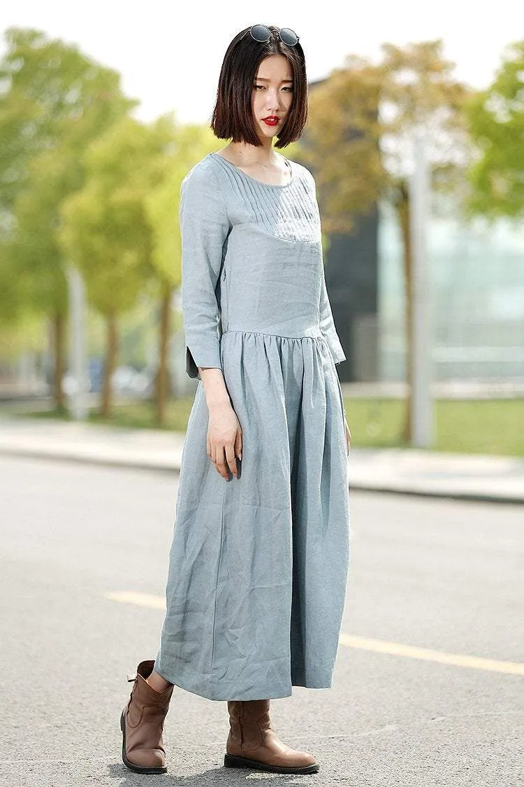 Blue Linen Dress - Long Maxi Casual Summer Loose-Fitting Comfortable Woman's House or Everyday Dress C359