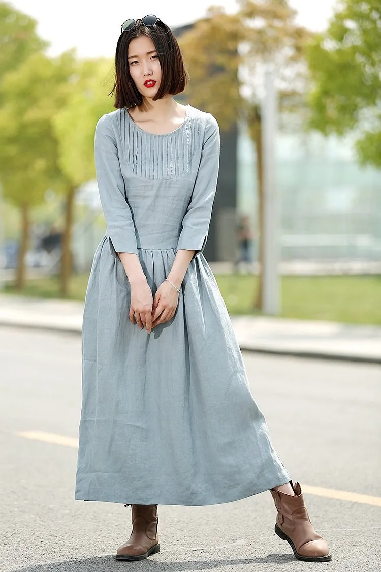 Blue Linen Dress - Long Maxi Casual Summer Loose-Fitting Comfortable Woman's House or Everyday Dress C359