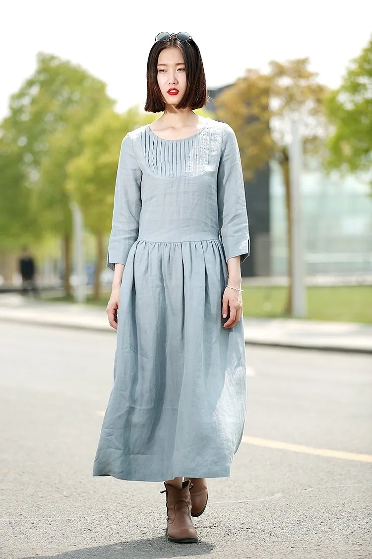 Blue Linen Dress - Long Maxi Casual Summer Loose-Fitting Comfortable Woman's House or Everyday Dress C359