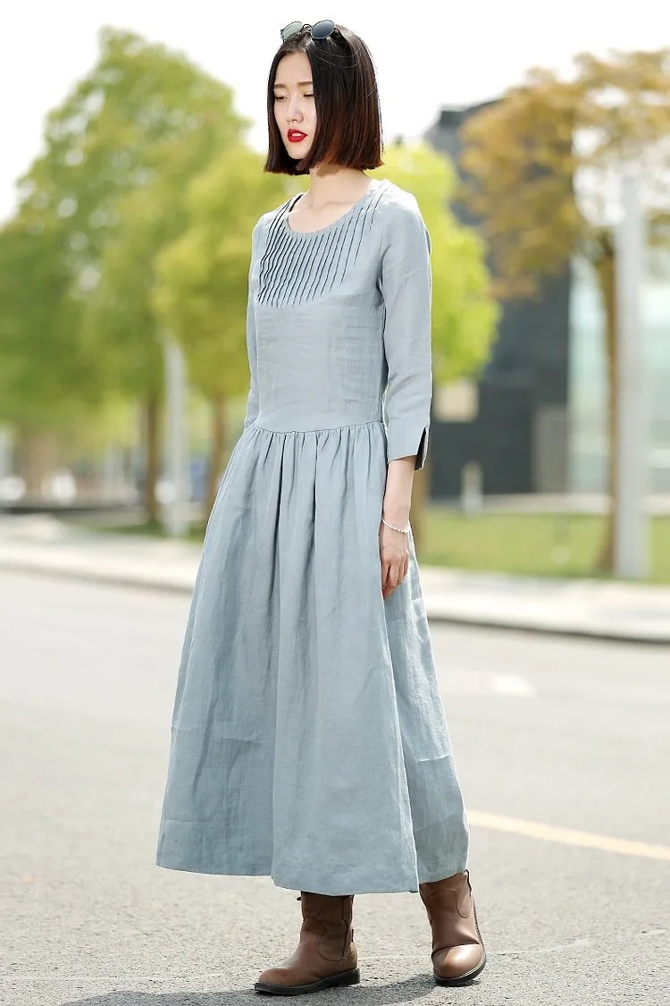 Blue Linen Dress - Long Maxi Casual Summer Loose-Fitting Comfortable Woman's House or Everyday Dress C359