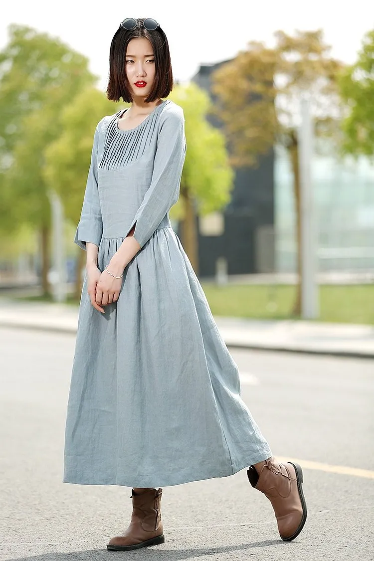 Blue Linen Dress - Long Maxi Casual Summer Loose-Fitting Comfortable Woman's House or Everyday Dress C359