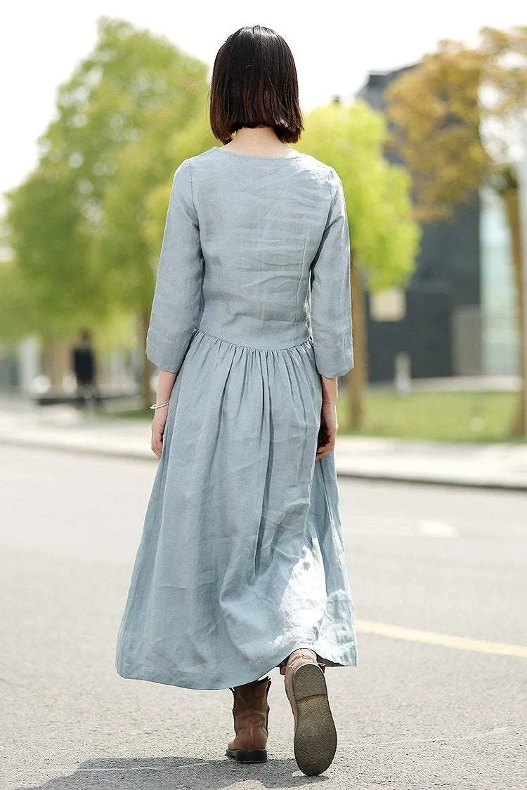 Blue Linen Dress - Long Maxi Casual Summer Loose-Fitting Comfortable Woman's House or Everyday Dress C359