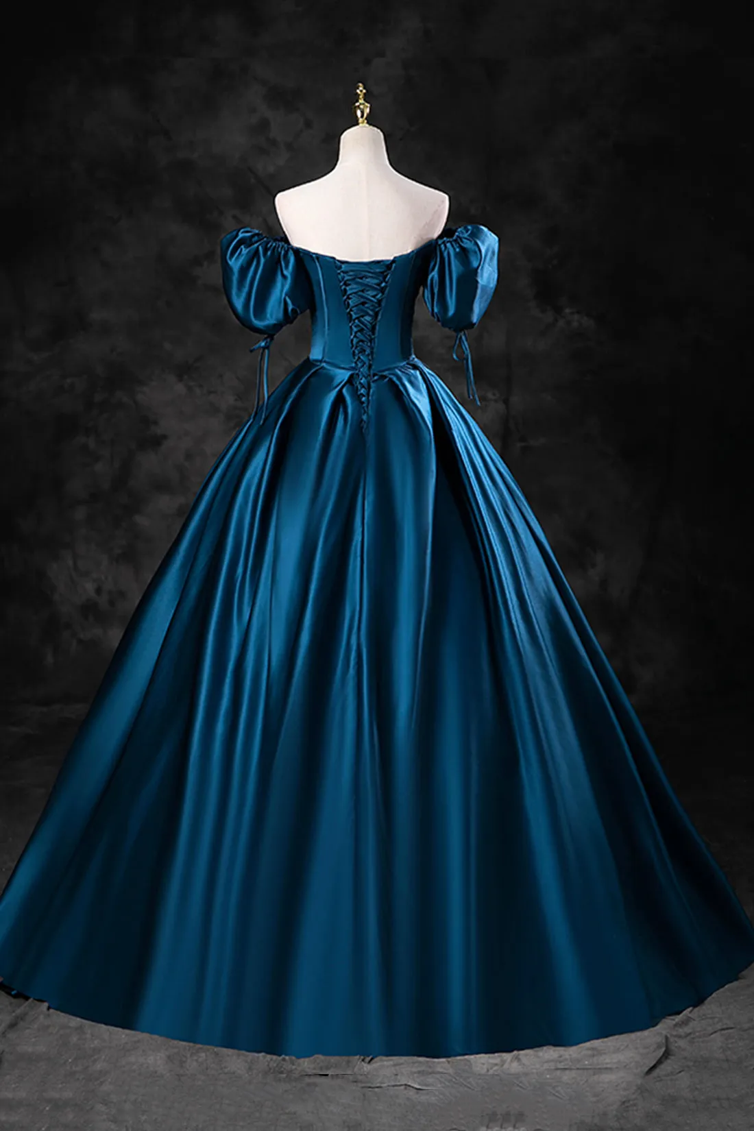 Blue Off the Shoulder Satin Floor Length Prom Dress with Corset