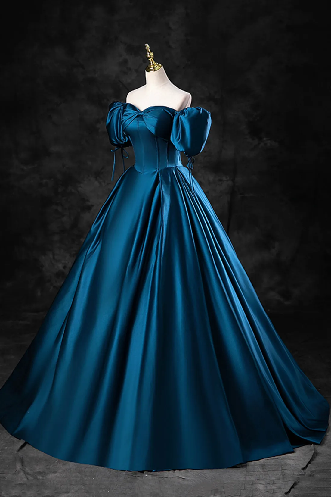 Blue Off the Shoulder Satin Floor Length Prom Dress with Corset