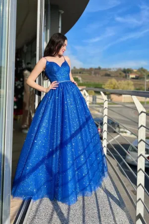 Blue Spaghetti Strap Tulle Long Prom Dress, Beautiful A-Line Party Dress