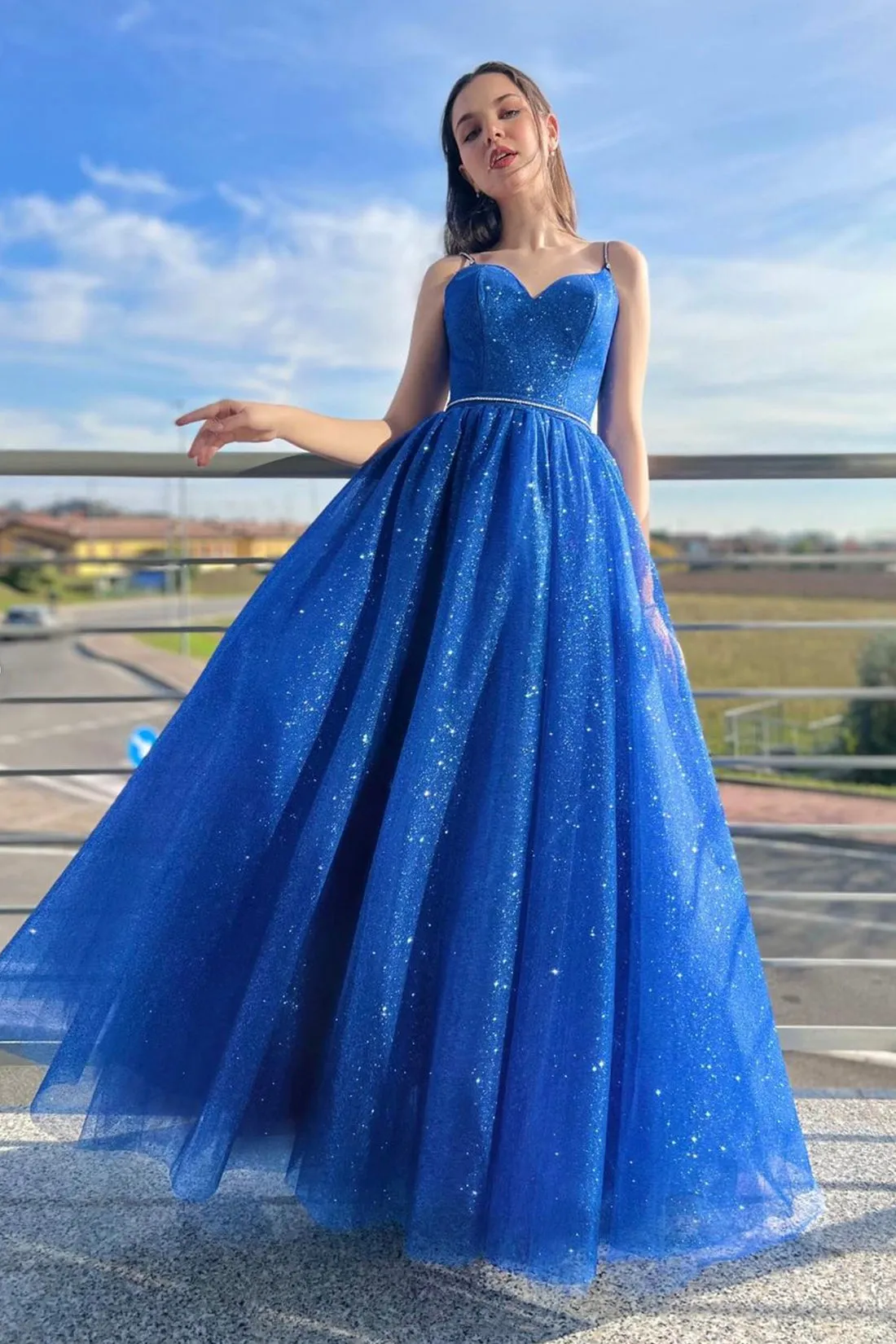 Blue Spaghetti Strap Tulle Long Prom Dress, Beautiful A-Line Party Dress