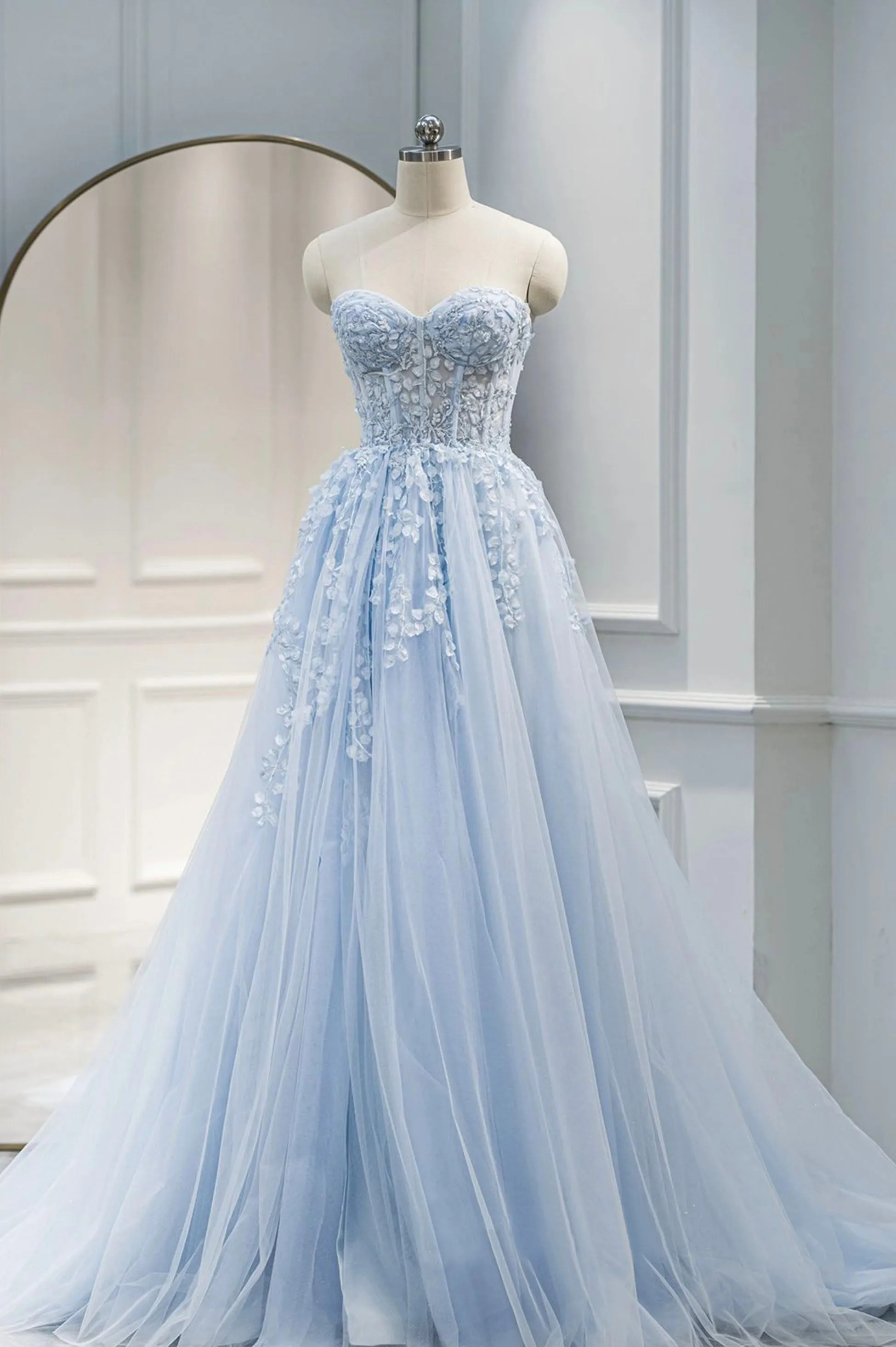 Blue Sweetheart Neck Lace Floor Length Prom Dress, Lovely Blue Evening Dress