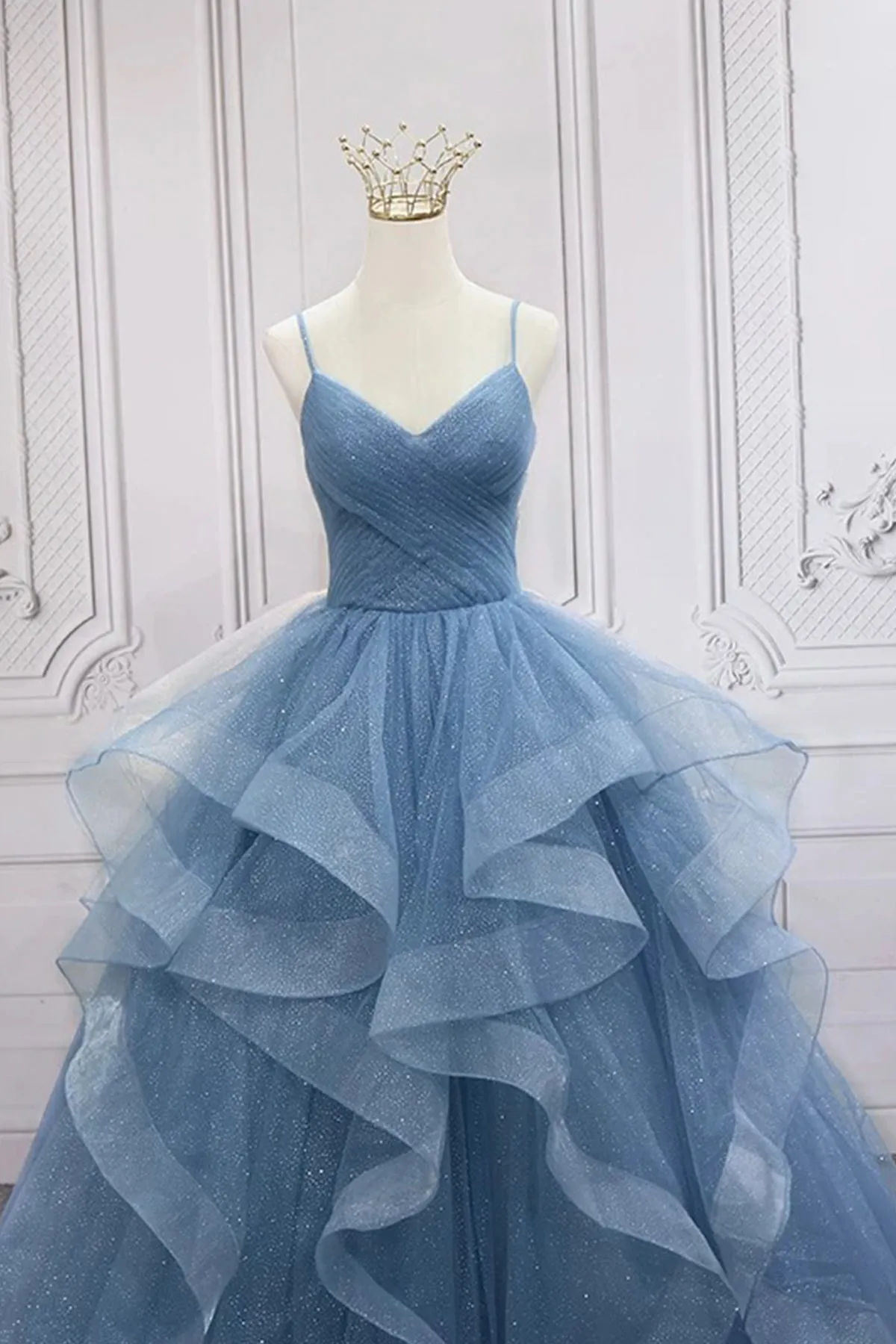 Blue Tulle A-line Long Prom Dress, Blue Straps Formal Dress Party Dress